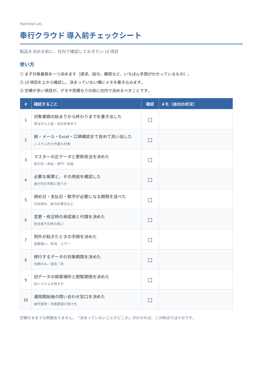 奉行クラウド導入前チェックシートの1ページ目